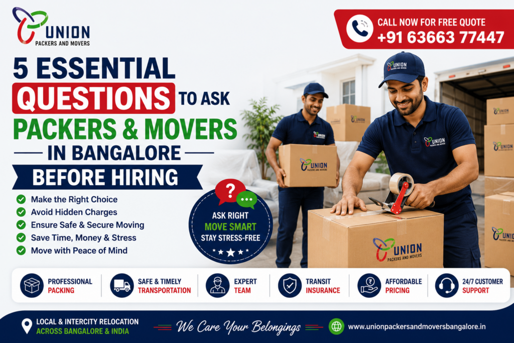 5 Essential Questions to Ask Packers and Movers in Bangalore Before Hiring banner featuring Union Packers and Movers with professional packing, safe transportation, transit insurance, and reliable relocation services.