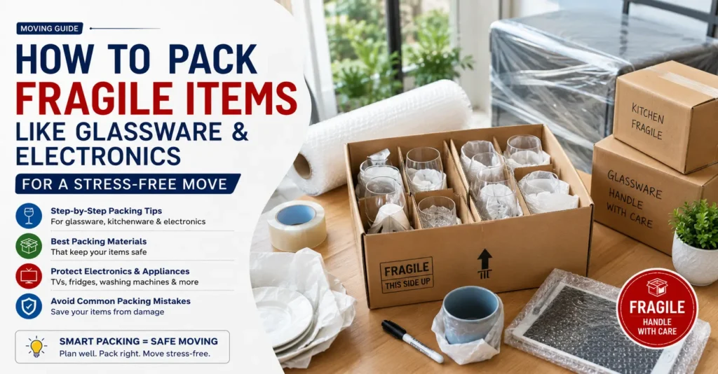 How to pack fragile items for moving safely using bubble wrap, dividers and sturdy boxes to protect glassware, kitchenware and electronics during relocation.