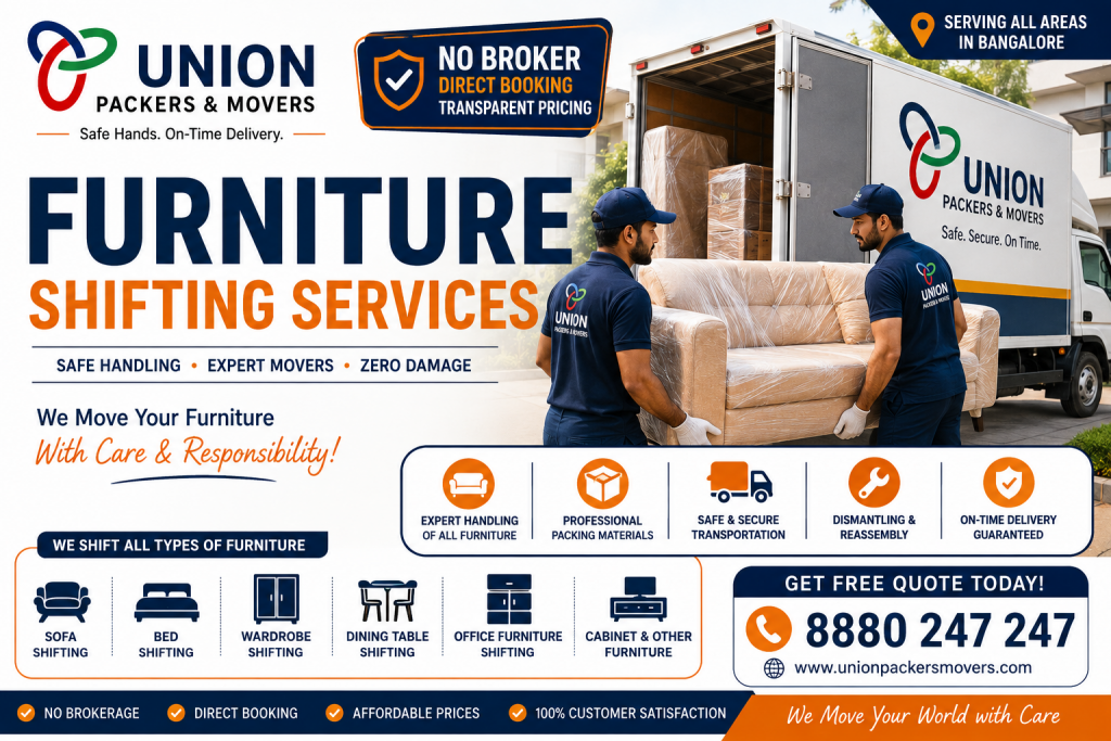 Furniture shifting services Bangalore with professional movers safely transporting furniture