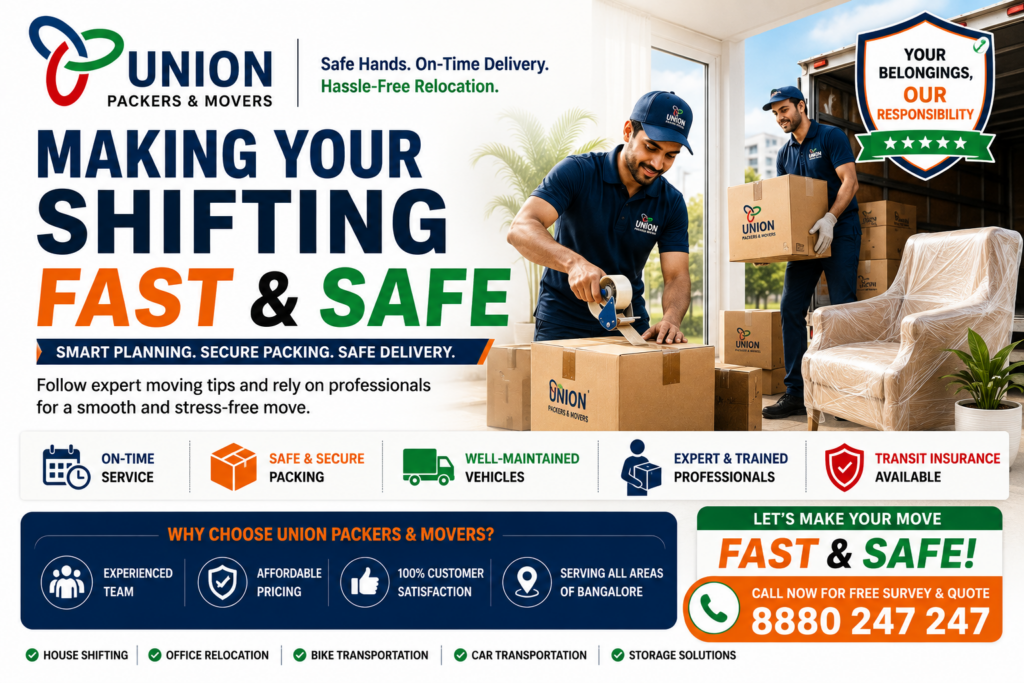 Fast and Safe Shifting by Union Packers and Movers with professional packing, secure loading and house relocation services in Bangalore.